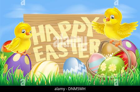 Drawing of an Easter sign reading Happy Easter surrounded by Easter eggs and yellow cartoon Easter chicks Stock Vector