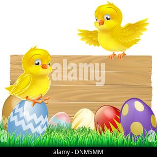 An isolated Easter Sign with Easter eggs and cartoon yellow chicks one of which is standing on the sign Stock Vector