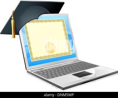 Education laptop concept. Illustration of a laptop computer with a mortar board cap and diploma certificate on screen. Concept f Stock Vector