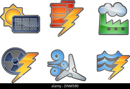 A set of color icons with relating to power and energy generation. Solar, fossil fuel, nuclear, wind, hydro or water and oil Stock Vector