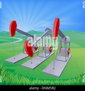 Illustration of oil well pumpjacks also known as nodding donkeys, horsehead pumps, dinosaurs or by various other names Stock Vector