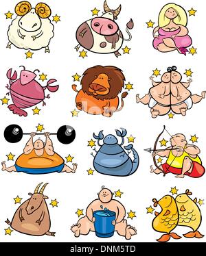 Illustration of overweight humorous cartoon zodiac horoscope signs set Stock Vector