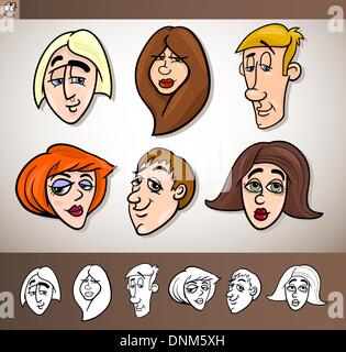 Cartoon Illustration of Funny People Set with Men and Women Heads plus Black and White versions Stock Vector