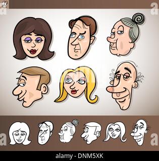 Cartoon Illustration of Funny People Set with Men and Women Heads plus Black and White versions Stock Vector