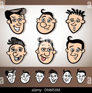 Cartoon Illustration of Funny People Set with Men Heads plus Black and White versions Stock Vector