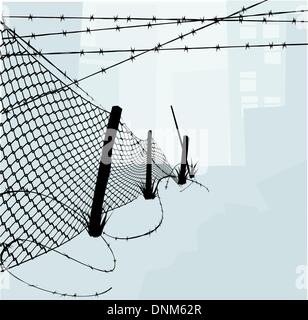 Chain link fence and barbed wire vector illustration background or design elements. Silhouette elements are on separate layers i Stock Vector