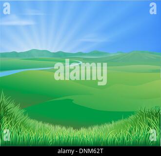 An idyllic rural landscape illustration with rolling green grass hills and a sun rising over mountains Stock Vector