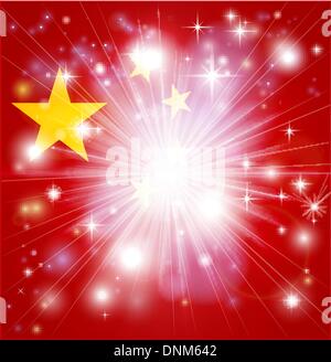 Flag of China background with pyrotechnic or light burst and copy space in the centre Stock Vector