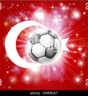 Flag of Turkey soccer background with pyrotechnic or light burst and soccer football ball in the centre Stock Vector