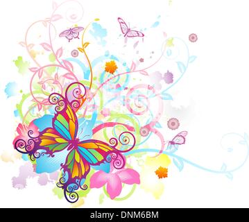 Abstract colourful butterfly background with stylised floral elements, patterns and splashes Stock Vector