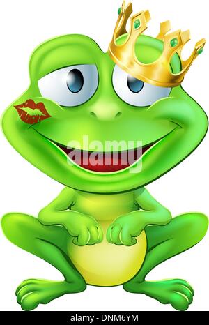 An illustration of a cute frog cartoon character wearing a gold crown with a red lipstick mark on his lips form a kiss Stock Vector