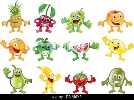 A set of happy cute colourful fruit character mascots Stock Vector