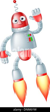 A happy cute flying red and silver robot man with boosters on his feet taking off and waving Stock Vector