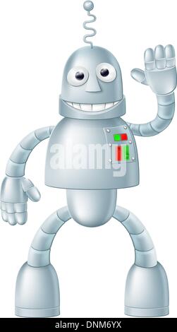 A drawing of a cute fun robot character waving and smiling Stock Vector
