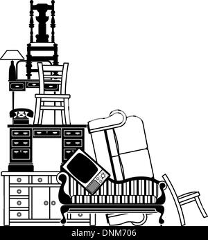 An illustration of a stack of furniture and other household goods. Could be used for house clearance or moving themes or home in Stock Vector