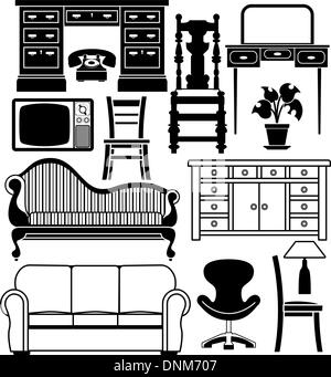 An illustration of a set of black and white furniture graphics Stock Vector