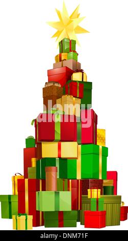 Illustration of a stack of gifts piled up in a Christmas tree shape with star on top Stock Vector