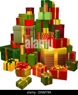 Illustration of a large pile of gifts in green, red and gold Stock Vector