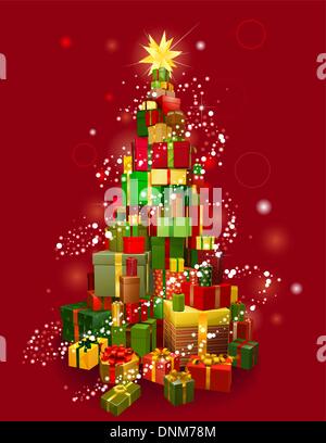 Stack of gifts in the shape of a Christmas tree with lights and red background Stock Vector