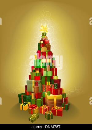 Illustration of a pile of presents in the shape of a Christmas tree with gold pattern background Stock Vector