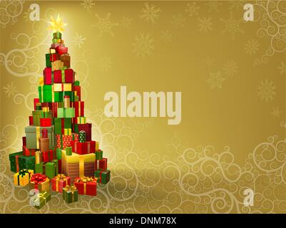 Christmas background with gifts stacked in tree shape with star Stock Vector