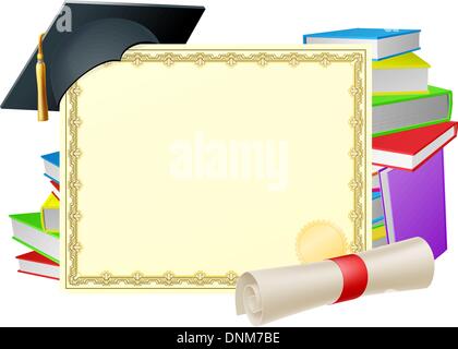 Certificate with copy-space and scroll diploma, books and mortar board graduation cap Stock Vector