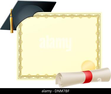 Certificate with copy-space and scroll diploma and mortar board graduation cap Stock Vector