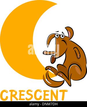 Cartoon Illustration of Crescent Basic Geometric Shape with Funny Dog Character for Children Education Stock Vector
