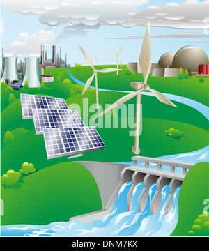 Conceptual illustration showing many different types of power generation, including nuclear, fossil fuel, wind power, photovolta Stock Vector