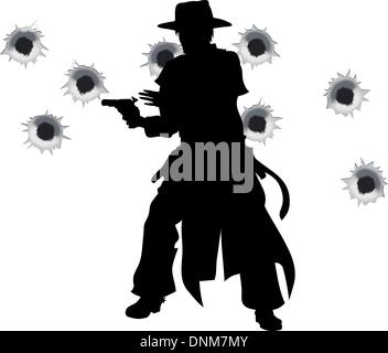 A wild west gunslinger drawing and firing his gun in a shootout with bullet holes in the background Stock Vector