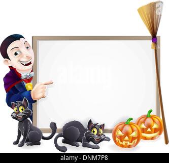 Halloween sign with orange Halloween pumpkins and black witch's cats, witch's broom stick and cartoon Dracula Vampire Character Stock Vector