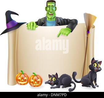 A Halloween scroll sign with a Frankenstein's monster character above the banner and pumpkins, witch's cats, hat and broomstick Stock Vector