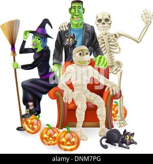 A friendly happy looking cartoon group of classic Halloween monsters. A witch with her broom, skeleton waving, Frankenstein's mo Stock Vector