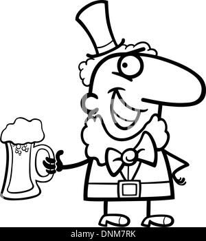 Black and White Cartoon Illustration of Happy Leprechaun with Pint of Beer on St Patricks Day Holiday for Coloring Book Stock Vector