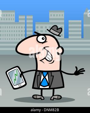Cartoon Illustration of Happy Man or Businessman with Stock Market Chart on his Tablet Pc Stock Vector