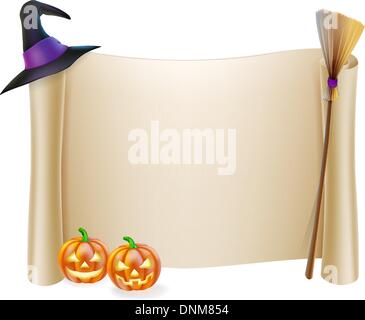 Halloween background scroll sign with witch hat, broomstick and carved orange pumpkins Stock Vector