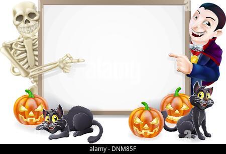 Halloween sign or banner with orange Halloween pumpkins and black witch's cats, witch's broom stick and cartoon skeleton and vam Stock Vector