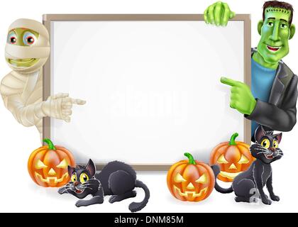 Halloween sign or banner with orange Halloween pumpkins and black witch's cats, witch's broomstick and cartoon Frankenstein mons Stock Vector