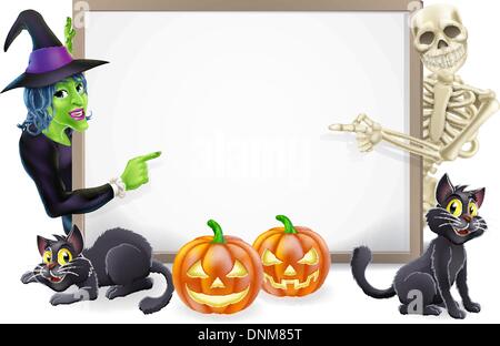 Halloween sign or banner with orange Halloween pumpkins and black witch's cats, witch's broom stick and cartoon witch and skelet Stock Vector