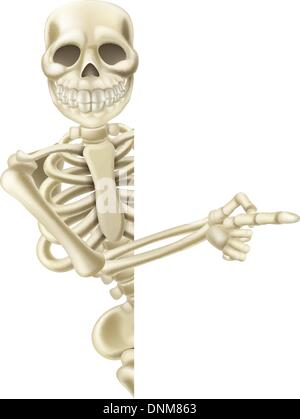 Illustration of a friendly pointing cartoon Halloween skeleton character Stock Vector