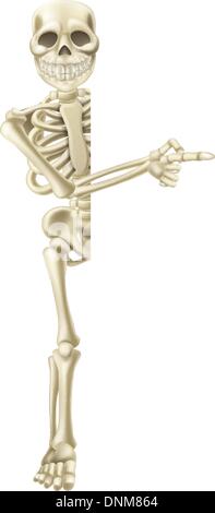 A cartoon skeleton character peeping round a Halloween banner or sign and pointing at its contents Stock Vector