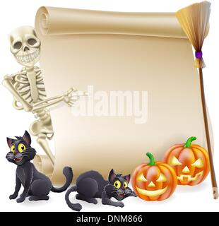 Halloween scroll or banner sign with orange carved Halloween pumpkins and black witch's cats, witch's broom stick and cartoon sk Stock Vector