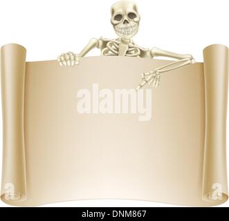 An illustration of a scroll sign with a skeleton character pointing down at it. Great for Halloween or other horror theme. Stock Vector