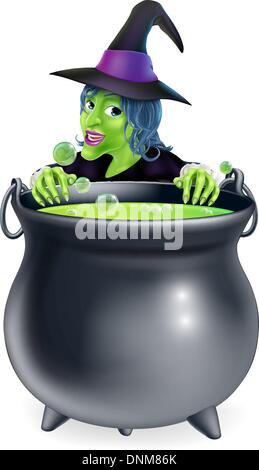 A cartoon witch character peeking over a bubbling witch's brew in a big cauldron Stock Vector