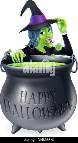 A cartoon witch looking over her bubbling cauldron with a Happy Halloween written on it and tipping her hat Stock Vector