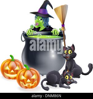 A witch Halloween scene with green witch peeking over a cauldron with broomstick, pumpkins and cats Stock Vector
