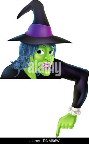 Drawing of a friendly cartoon Halloween witch peeping over a sign and pointing Stock Vector