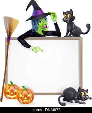 Halloween sign or banner with orange Halloween pumpkins and black witch's cats, witch's broom stick and cartoon witch character Stock Vector