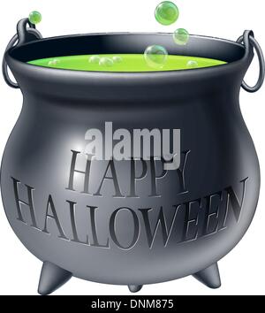 Cartoon Halloween witch's cauldron with green bubbling witch's brew in it and a message reading Happy Halloween Stock Vector