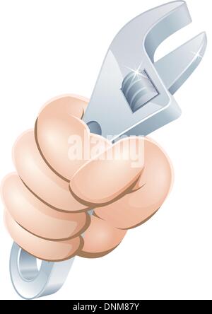 Illustration of a cartoon hand holding an adjustable wrench or spanner Stock Vector